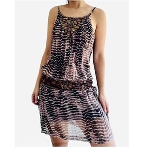 Sue Wong Y2K Silk Mini Dress Boho Tie Dye Animal Print Stones V- Neckline Size 0